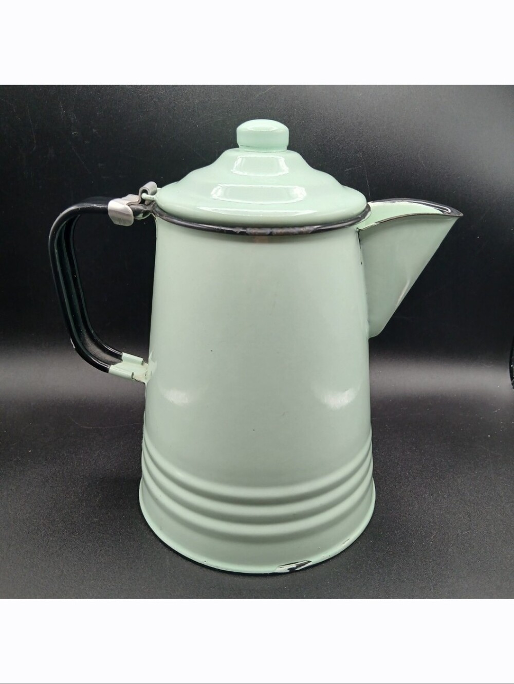 Vintage Light Creamy Green Enamel Coffee Pot Kettle Farmhouse Teapot Cottagecore